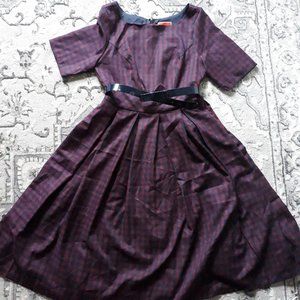ModCloth Red Navy Plaid Fit & Flare Pleated Dress